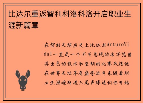 比达尔重返智利科洛科洛开启职业生涯新篇章 比达尔重返智利科洛科洛开启职业生涯新篇章